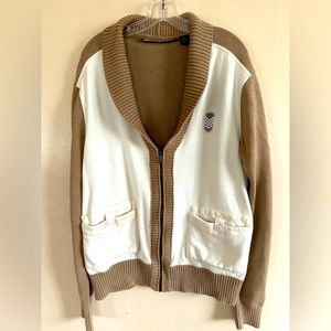 Sean John Men’s Full Zip Varsity Style Cardigan Sweater Cream Tan Size XL